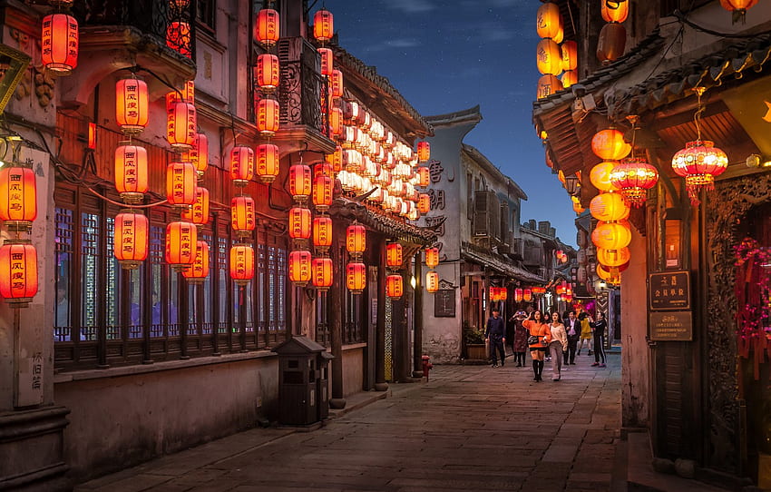 คน ถนน ประเทศจีน บ้าน ตอนเย็น จีน โคมไฟสำหรับ หมวด город ถนนจีน วอลล์เปเปอร์ HD