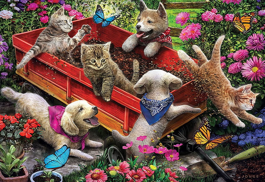 Wagon Fun, cats, dogs, flowers, painting HD wallpaper