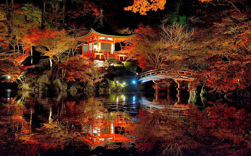 Japanese Garden in The Fall, fall, japan, pagoda, garden, colours, leaves, reflection, bridge, autumn, water HD wallpaper