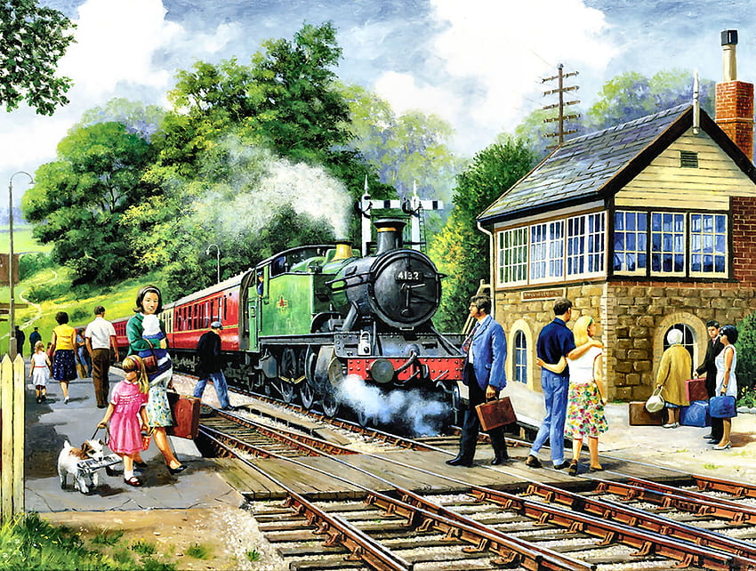 Country Stop - Kereta api, seni, stasiun, mesin, kereta api, cantik, ilustrasi, karya seni, layar lebar, lukisan, trek, lokomotif, kereta api Wallpaper HD