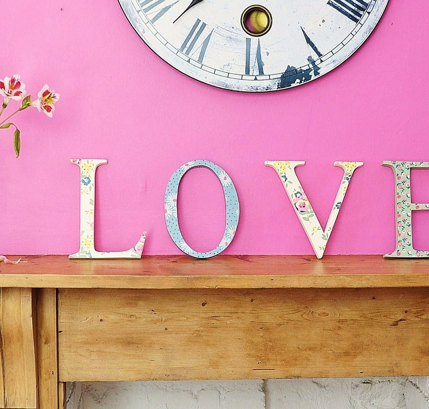 Home Love, design, entertainment, decor, interior, pink, fashion, word, love, flowers, clock, vintage, forever, home HD wallpaper