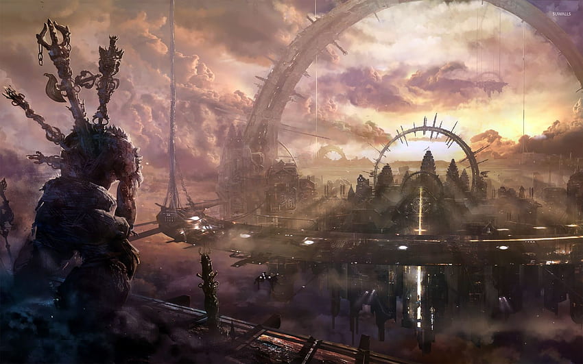 Monster in a floating city - Fantasy, City Watercolor HD wallpaper