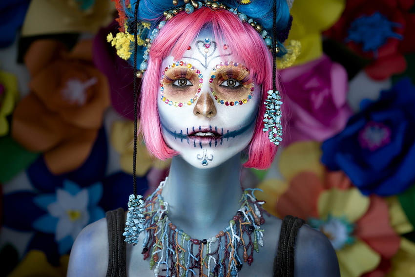 Dia de los muertos, blue, white, model, mask, girl, woman, halloween, pink HD wallpaper