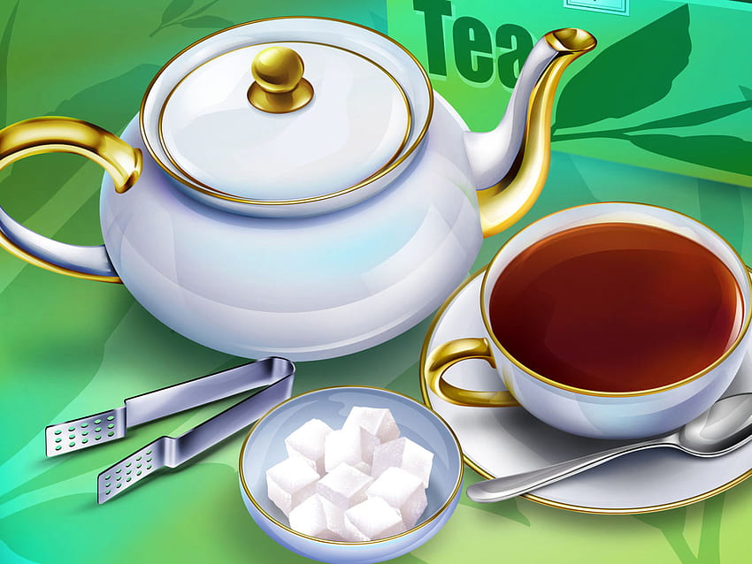 waktu minum teh, gula, teh, 3d, cangkir Wallpaper HD