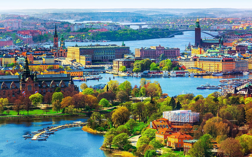 สตอกโฮล์ม ฤดูใบไม้ผลิ พาโนรามา เมืองหลวงของสวีเดน ทิวทัศน์เมือง สวีเดน ยุโรป ด้วยความละเอียด คุณสูง วอลล์เปเปอร์ HD