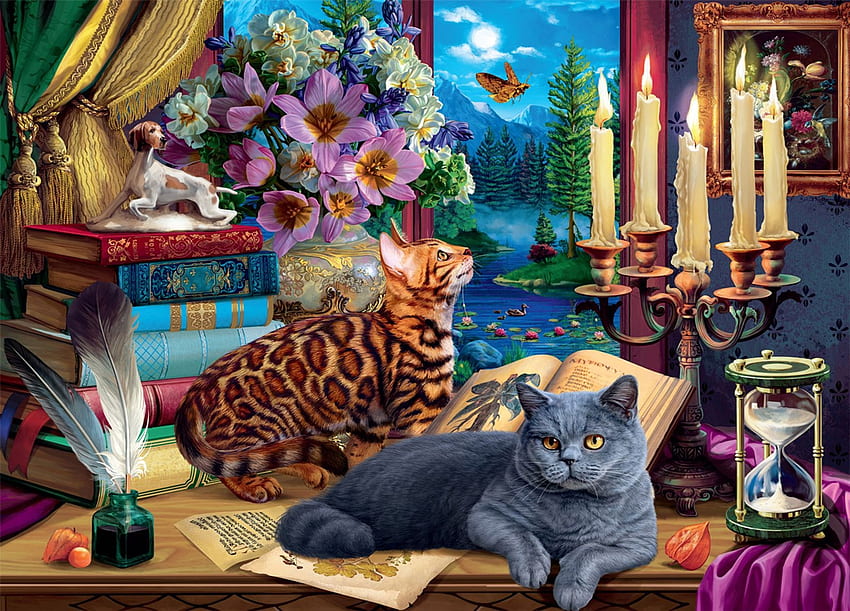 Cats and Candelabra, books, digital, butterfly, window, trees, flowers, candles, mountains HD wallpaper