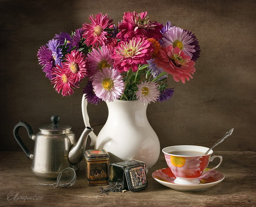 still life, bouquet, graphy, tea, beautiful, nice, jug, mug, flower, cool, flowers, chrysanthemum, , harmony, drink, teapot HD wallpaper