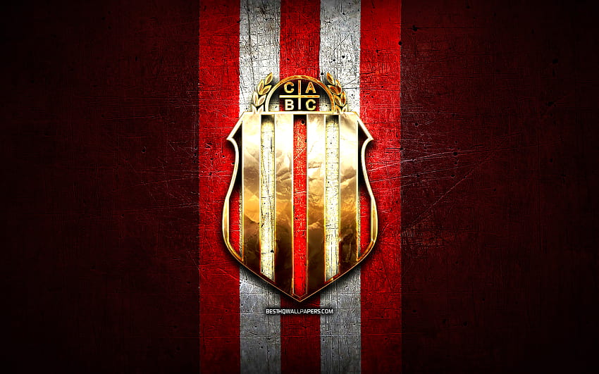 Barracas Central FC, golden logo, Primera Nacional, red metal background, football, argentinian football club, CA Barracas Central logo, soccer, Argentina, CA Barracas Central HD wallpaper
