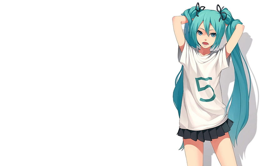 Vocaloid, Hatsune Miku, Blue Eyes, Skirts, Long Hair, Ribbons, Shadows, Green Hair, Twintails, T Shirts, Open Mouth, Simple Background, Anime Girls, White Background, Hair Ornaments, Cyan Hair, Bangs, Fkey - HD wallpaper