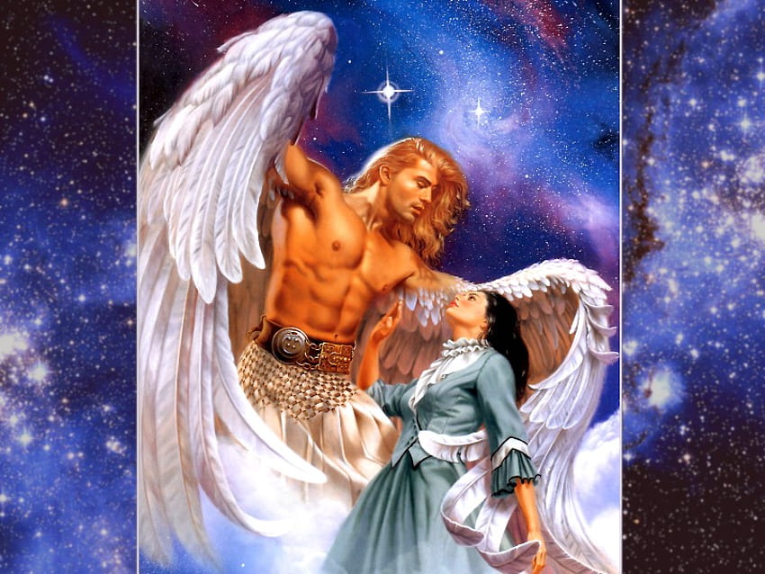 Niebiański uścisk, trzymaj, skrzydła, anioł, anioły, kobieta, uścisk, stróż, niebo, miłość, obrońca, chroń, mężczyzna Tapeta HD
