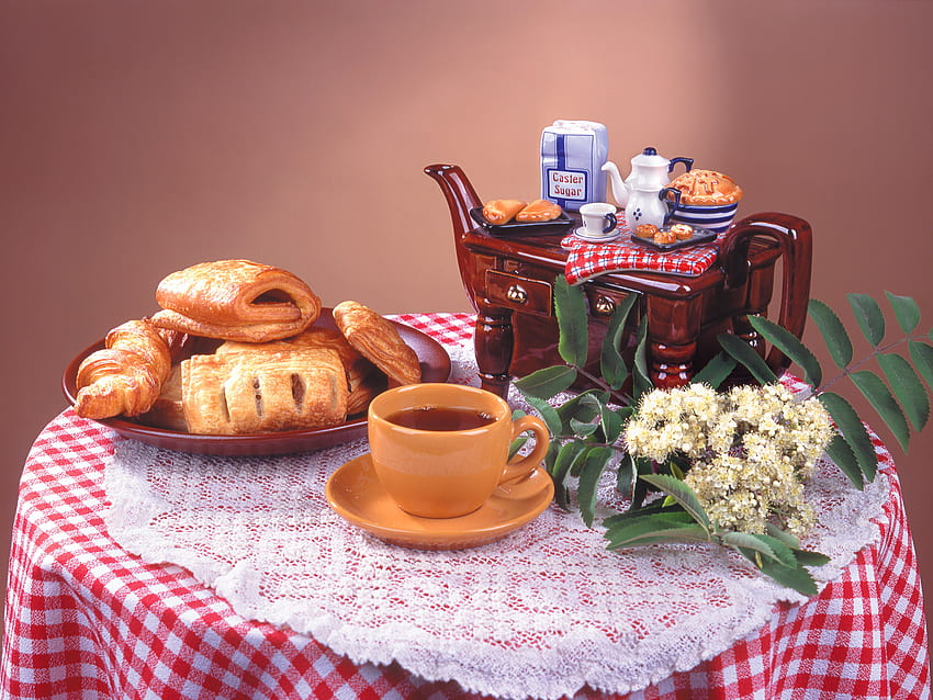 sweet blessings, table, cup, pastries, plate, coffee, flowers, cloth, saucer, teapot HD wallpaper