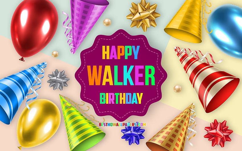 Feliz Birtay Walker, Birtay Balloon Background, Walker, arte criativa, Happy Walker birtay, laços de seda, Walker Birtay, Birtay Party Background papel de parede HD