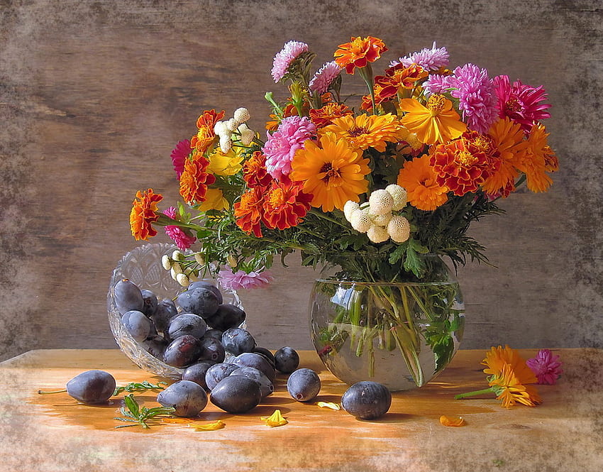Прекрасен букет, натюрморт, ваза, цветове, цветя HD тапет