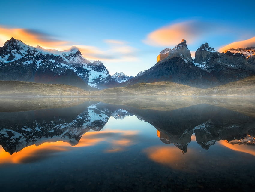 A Cordilheira dos Andes, América do Sul, névoa, reflexão, nuvens, Patagônia, natureza, montanhas, lago, Chile papel de parede HD