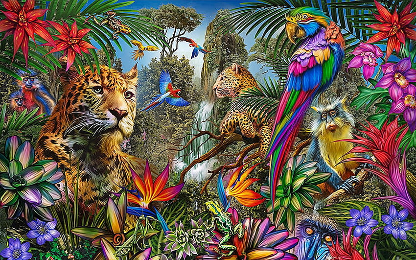 Leopard Jungle, loros, monos, digital, arte, gatos, colores, flores. fondo de pantalla