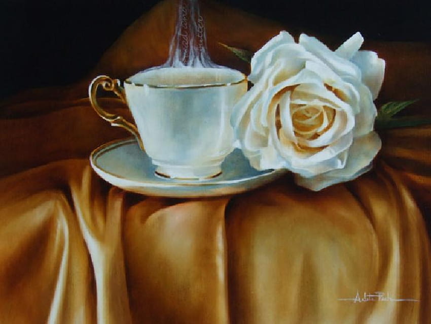 Cup of Tea and a Rose, rose, tea, painting, tablecloth, cup, saucer, gold HD wallpaper