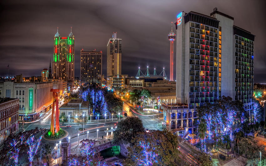 Städte, Bäume, Nacht, bunt, bunt, San Antonio, Texas, Stadtdekoration, Dekorationen der Stadt HD-Hintergrundbild