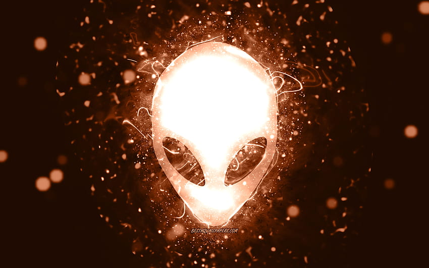 Logotipo marrón de Alienware, luces de neón marrones, creativo, abstracto marrón, logotipo de Alienware, marcas, Alienware fondo de pantalla