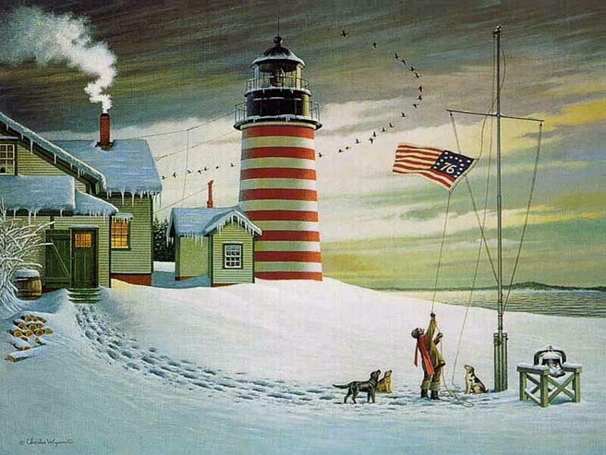 време за вдигане на знамето, зима, камбана, фар, къща, кучета, варел, флаг, сняг, купчина дърва HD тапет