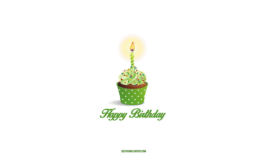 Happy Birtay, เค้กสีเขียว, การ์ดอวยพร Happy Birtay, มินิอาร์ต, แนวคิด Happy Birtay, พื้นหลังสีขาว, เค้กสีเขียวพร้อมเทียน วอลล์เปเปอร์ HD