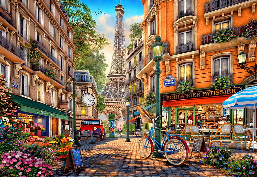 Pomeriggio parigino, opere d'arte, biciclette, digitale, torre eiffel, strada, fiori, case, persone Sfondo HD