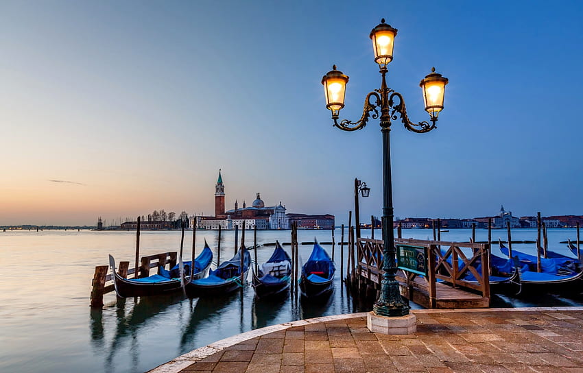 Venice, sea, italia, gondolas, lanterns, italy, clouds, nature, sky, water HD wallpaper
