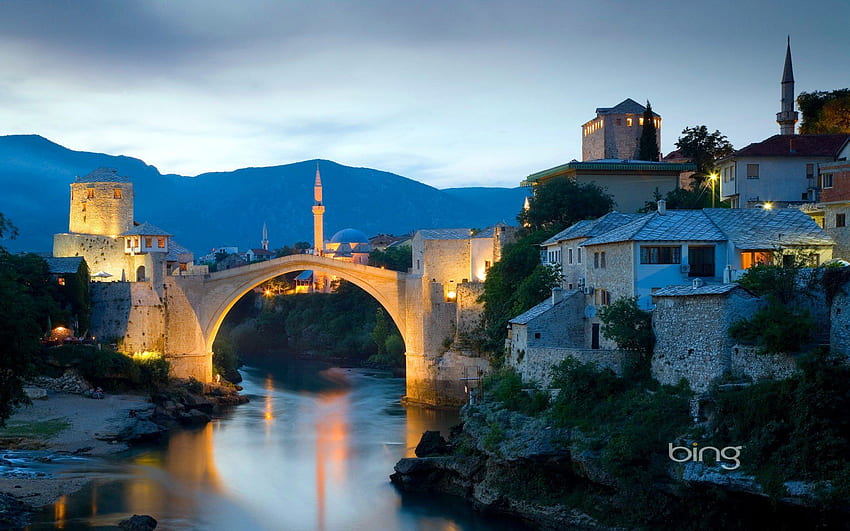 mostar bosnie-herzégovine sky sunset river bridge minaret house, bosnie paysage Fond d'écran HD