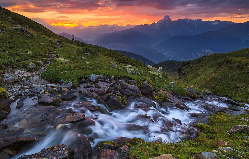 잔디, 강, 하늘, 경치, 자연, 일몰, 물, 산들, 구름, 바위, 그루지야, 흐름, 먼 전망, Caucasus Mountains for , 섹션 пейзажи HD 월페이퍼