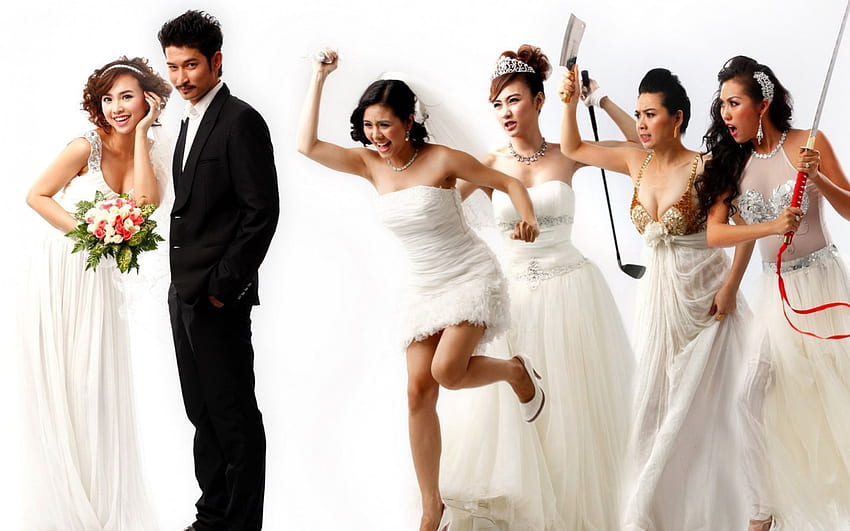 Battle of the Brides, white, black, suit, brunette, man, girl, dress, woman, elegant, tv series, movie, funny HD wallpaper