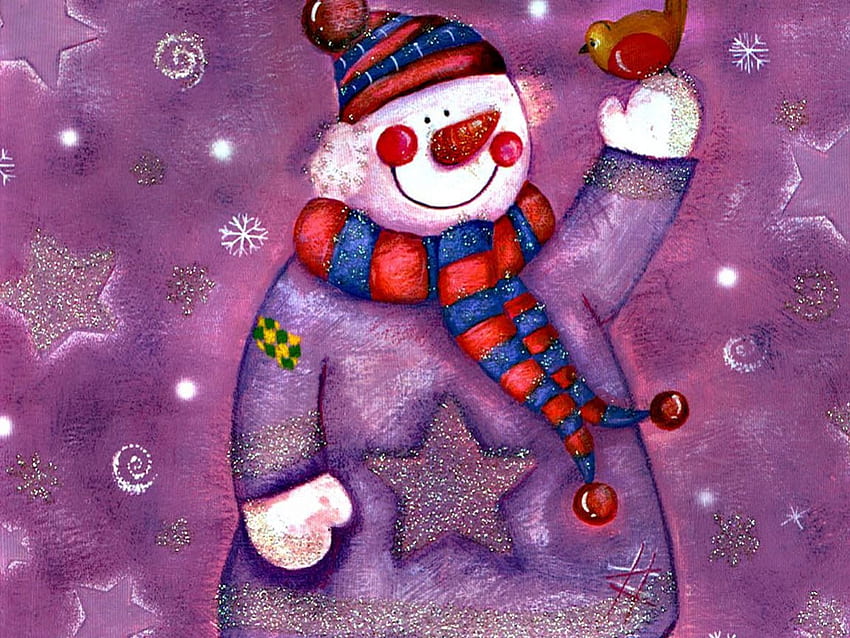 ಌ.Big Snowman in Purple.ಌ, winter, winter holidays, stars, snowflakes, abstract, adorable, hat, sweet, bird, paintings, creative pre-made, purple, love four seasons, christmas, red, xmas and new year, scarf, lovely HD wallpaper
