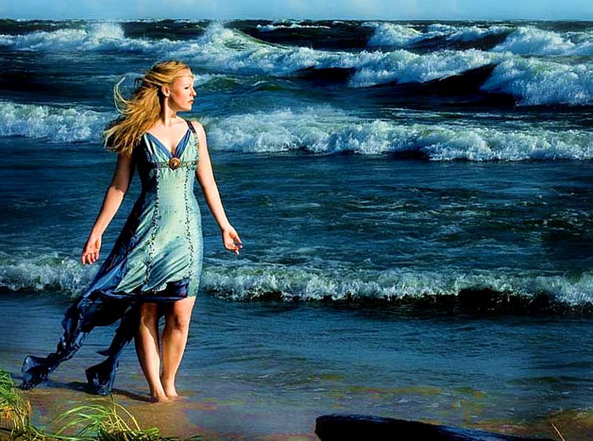 WILD OCEAN.., blue, sunny, waves, dress, woman, oceanside, beauty, ocean HD wallpaper