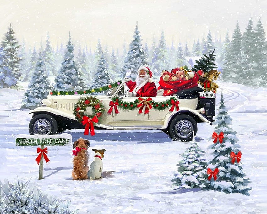 サンタの車、冬、休日、冬休み、夢の中のアトラクション、ギフト、絵画、サンタクロース、赤い車、四季が大好き、クリスマス、雪、絵を描いてペイント、ヴィンテージカー、クリスマスと新年、クリスマスツリー 高画質の壁紙
