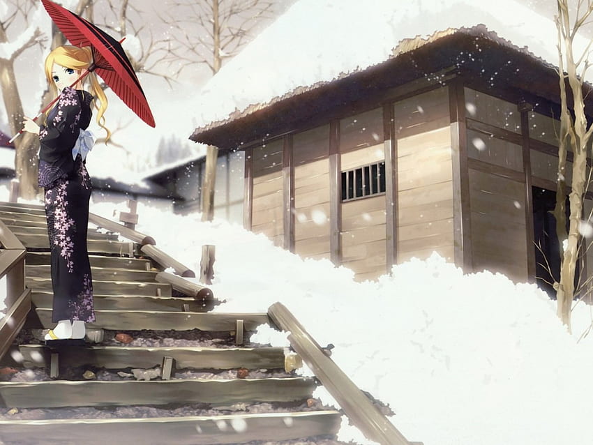 Snowing, umbrella, white, blonde, snow, japan, girl, traditional HD wallpaper