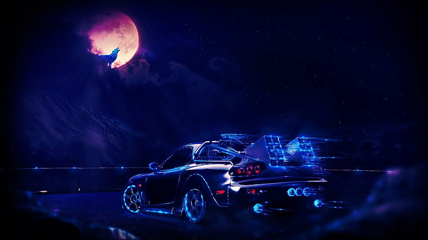 Samochód Neon Księżyc Wilk Powrót do przyszłości Sztuka cyfrowa Pojazd Blue Time Machine - Rozdzielczość: Tapeta HD