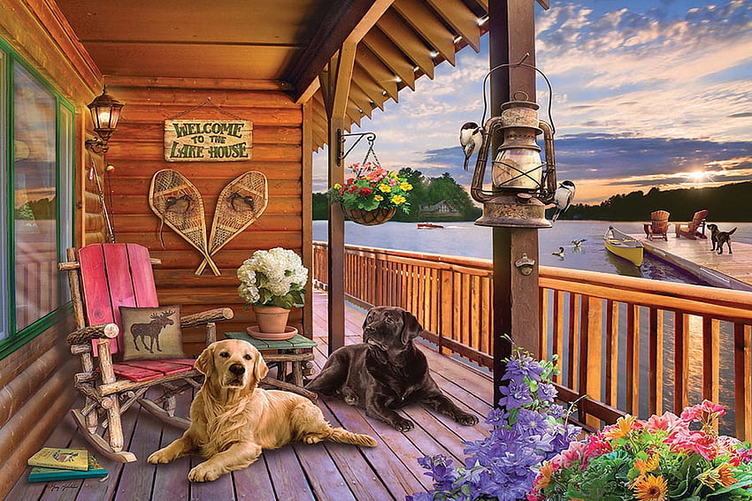 Willkommen im Lake House, Stühle, Boot, Hunde, Pier, Blumen, Veranda, Kabine HD-Hintergrundbild