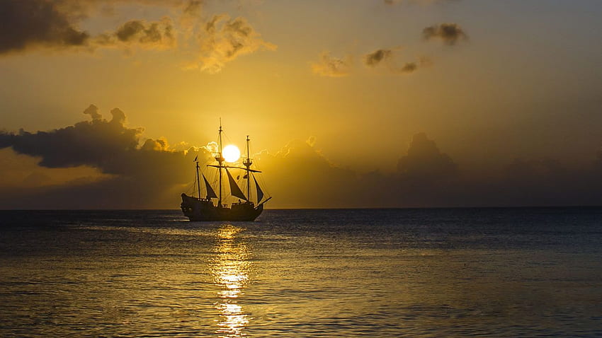 Gold Sunset Ocean Old Pirate Ship With Sail Sky Ultra HD wallpaper