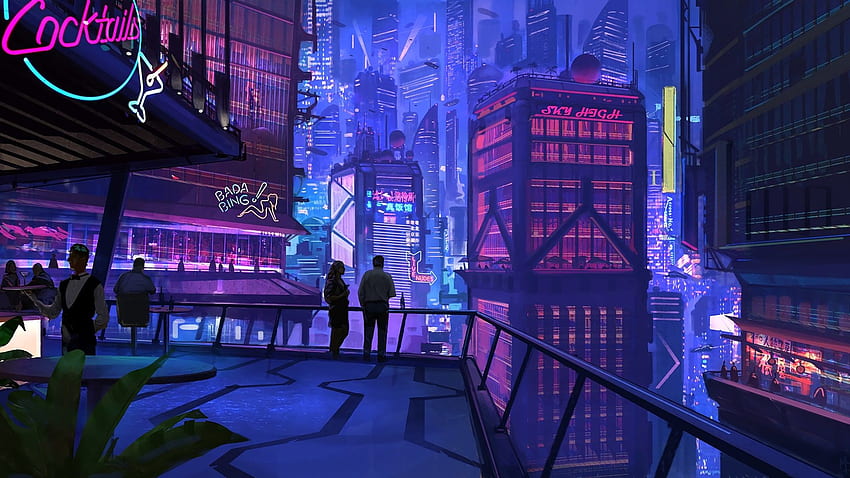 Stadt, Cyberpunk, Nacht, Dach & Hintergrund, Dach bei Nacht HD-Hintergrundbild