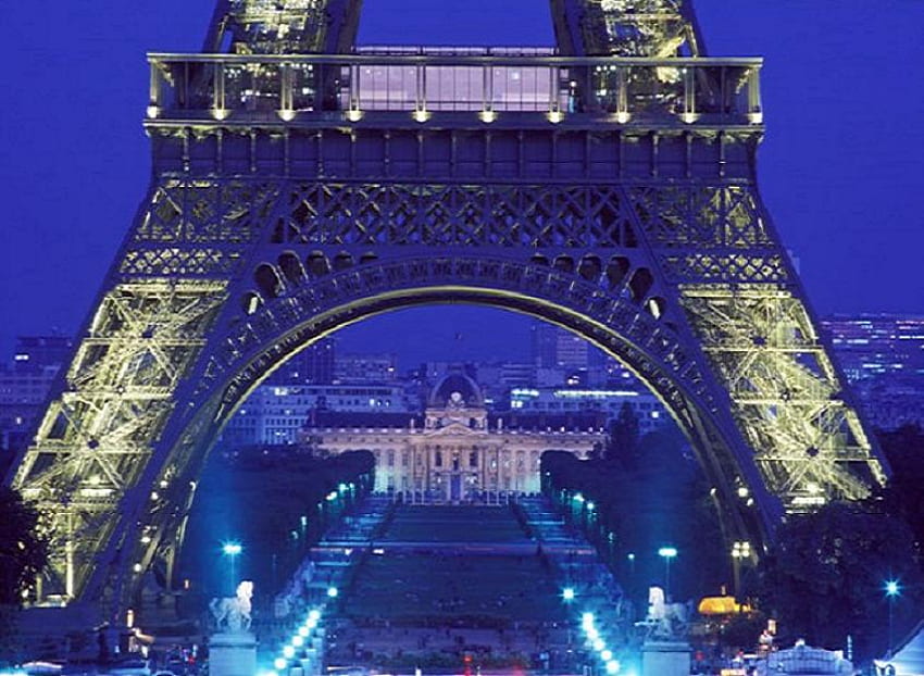 Neath the Eiffel tower, blue night, buildings, eiffel tower, paris, city, lights, france, beauty HD wallpaper
