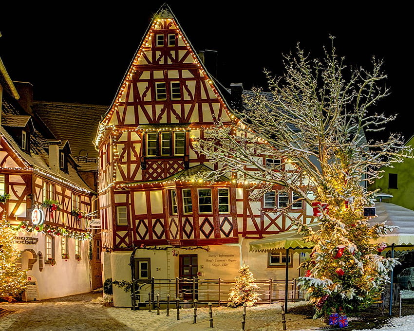 Ediger Eller Germany Winter Night Time Cities Building HD wallpaper