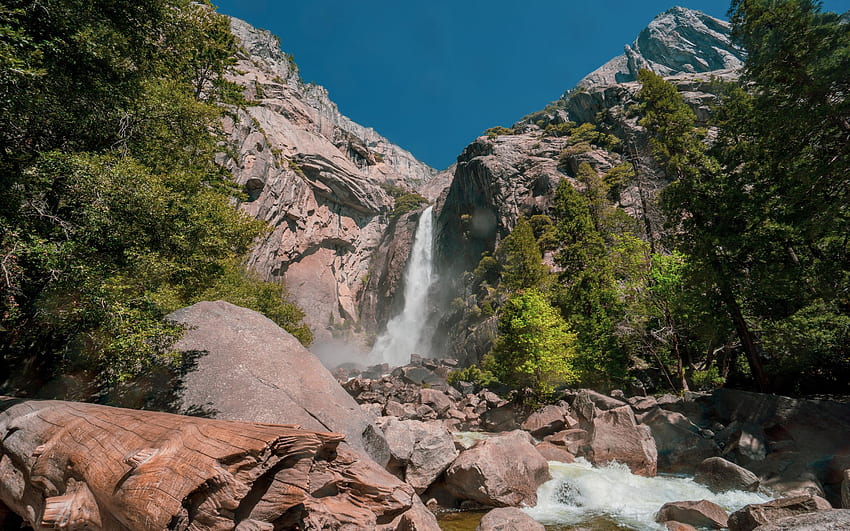 Waterfall at Yosemite Valley, rocks, mountains, river, california, trees, usa HD wallpaper