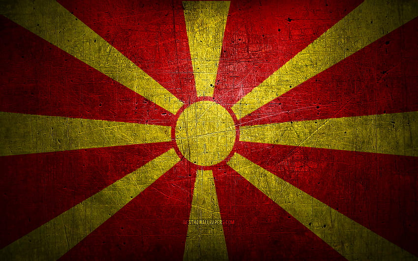 Macedonian metal flag, grunge art, European countries, Day of North Macedonia, national symbols, North Macedonia flag, metal flags, Flag of North Macedonia, Europe, Macedonian flag, North Macedonia HD wallpaper