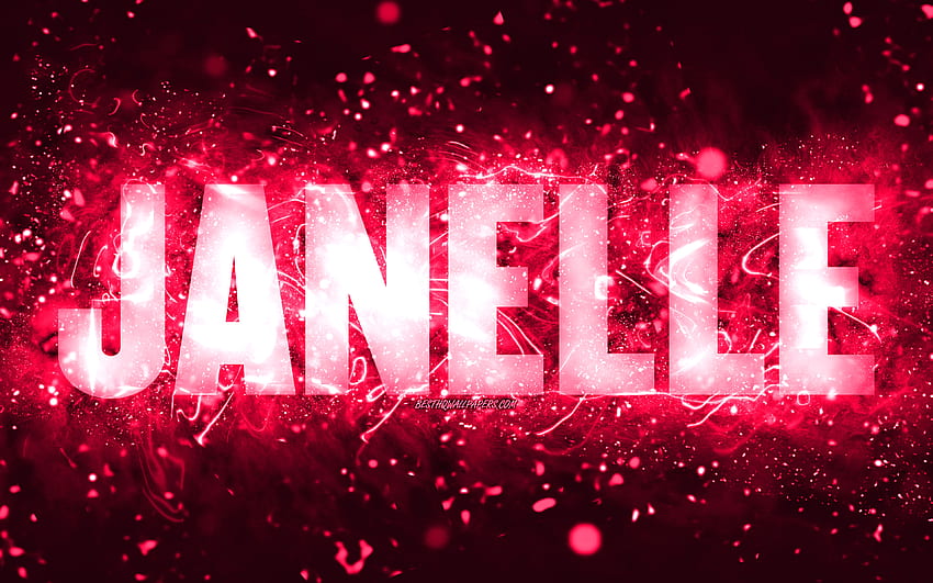 Happy Birtay Janelle, luces de neón rosas, nombre de Janelle, creativa, Janelle Happy Birtay, Janelle Birtay, nombres femeninos estadounidenses populares, con el nombre de Janelle, Janelle fondo de pantalla