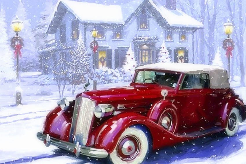Vintage Car, winter, holidays, winter holidays, attractions in dreams, paintings, red car, love four seasons, Christmas, snow, draw and paint, xmas and new year HD wallpaper