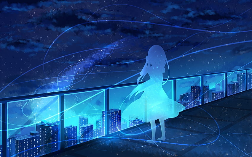 Anime Girl Silhouette, Stars, Night, Rooftop, Fence, Scenic, Sky for ...