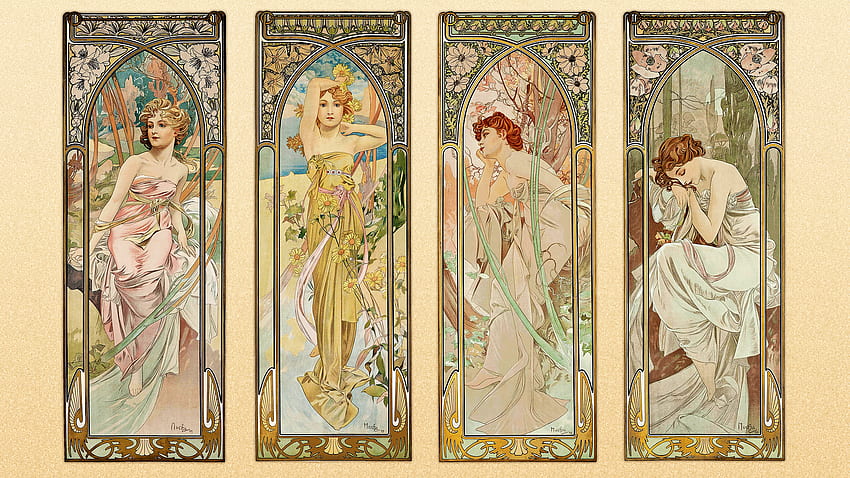 Alphonse Mucha ประกอบ Art Nouveau งานศิลปะ การวาด ผู้หญิง ฤดูใบไม้ผลิ ฤดูร้อน ฤดูใบไม้ร่วง ฤดูหนาว - ความละเอียด: วอลล์เปเปอร์ HD