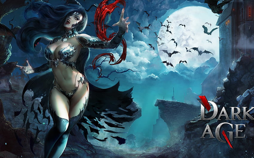 Dark age, night, blue, bat, girl, vampire, woman, moon, fantasy, red HD wallpaper