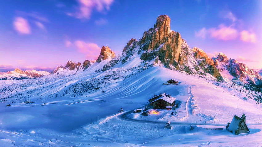 ฤดูหนาวใน Dolomites อิตาลี ยอดเขา หิมะ เมฆ ภูมิทัศน์ ท้องฟ้า ภูเขา หิน พระอาทิตย์ตก ห้องโดยสาร วอลล์เปเปอร์ HD