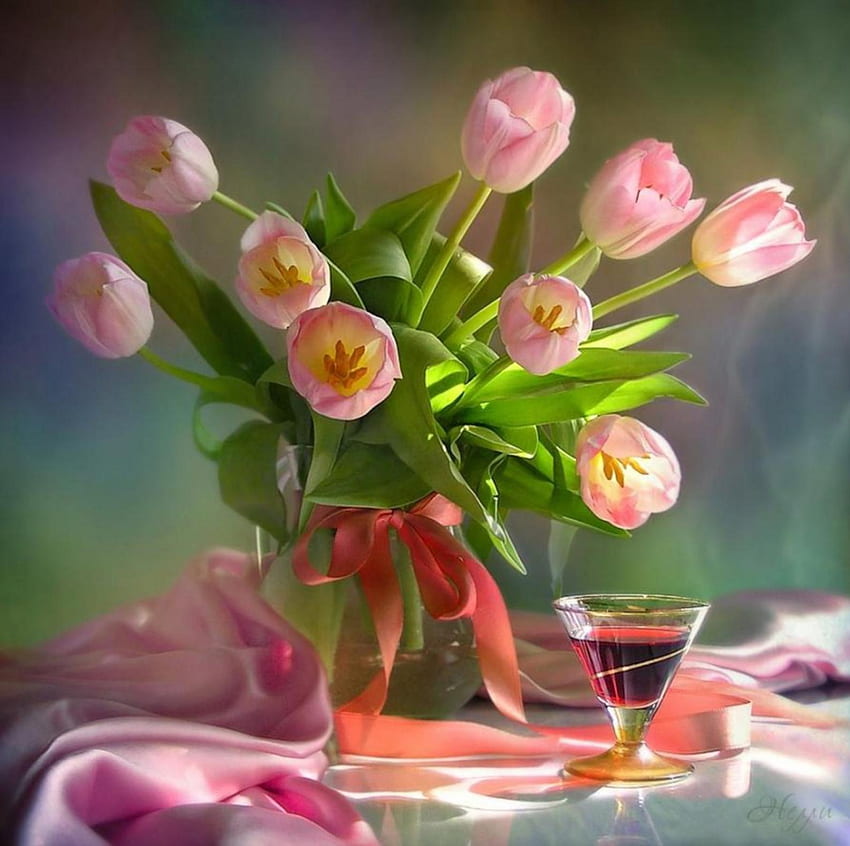 静物、ピンク、リボン、花瓶、ガラス、花、チューリップ、ワイン 高画質の壁紙
