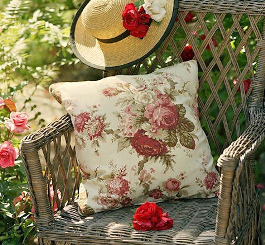 Sit down, Pillow, Roses, Chair, Nature HD wallpaper