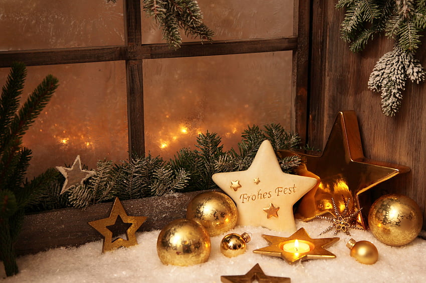 holiday, merry christmas, graphy, window, beautiful, gold, nice, star, happy new year, decoration, candle, snow, ball, cool, , harmony HD wallpaper